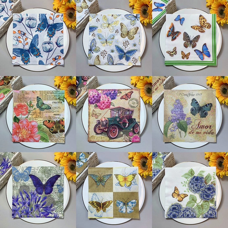 Bộ 20 Khăn Giấy Ăn Họa Tiết Hoa Và Bướm 22 Kiểu Vintage Trang Trí Tiệc Cưới / Giáng Sinh