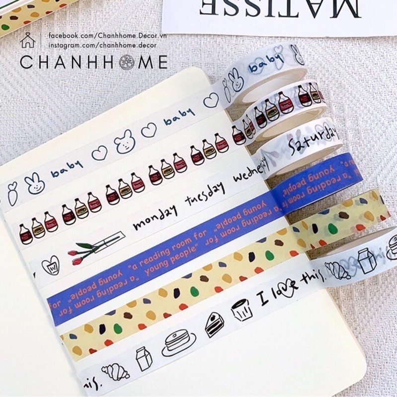 Cuộn băng dính Washi in hoạ tiết dễ thương màu sắc dùng trang trí sổ sách, bút, máy tính