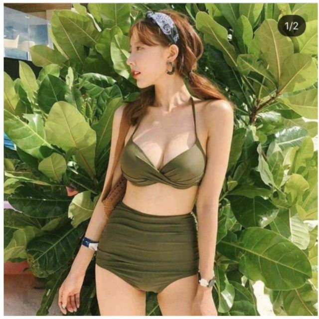 Bikini cạp cao nhún màu xanh rêu