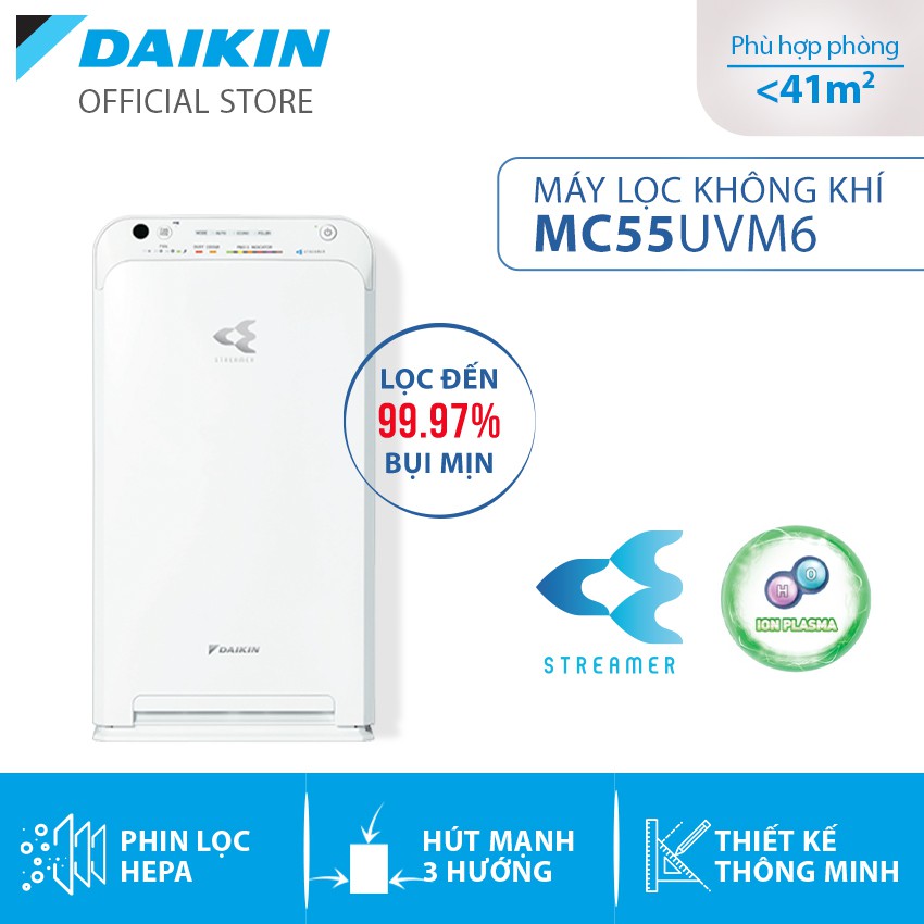 [Mã ELMALL1TR5 giảm 6% đơn 3TR] Máy Lọc không khí Daikin MC55UVM6 - Phù hợp phòng 41m2 Công nghê Streamer