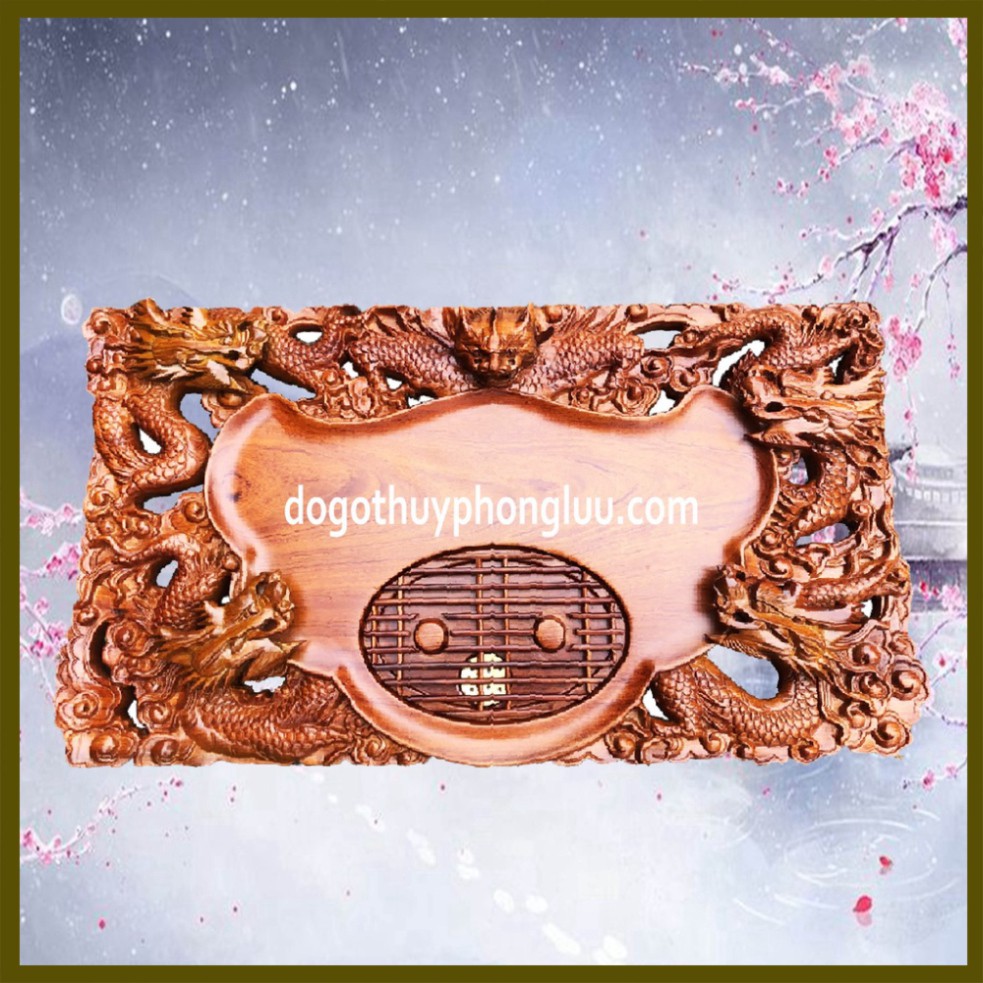 Khay trà để bàn ngũ long nguyên khối gỗ hương dài 68cm