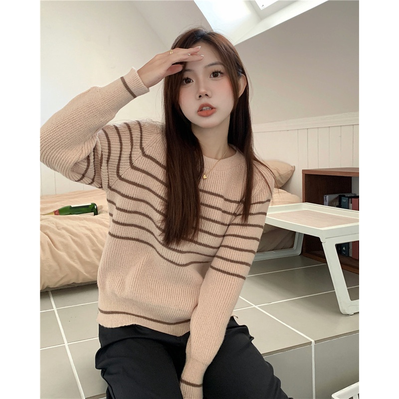 Porozi  Áo Sweater Dệt Kim Tay Dài Cổ Tròn Kẻ Sọc Kiểu Hàn Quốc Xinh Xắn Cho Nữ