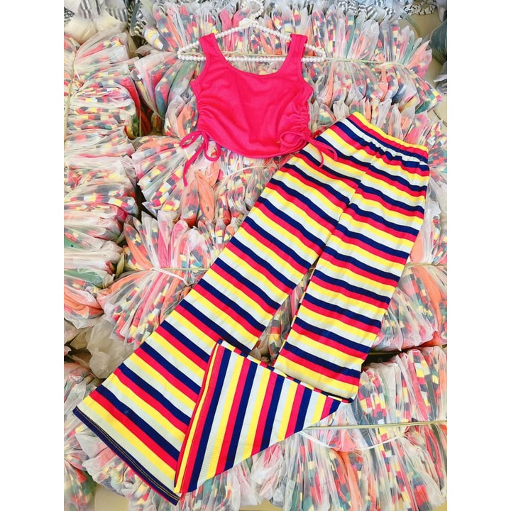 Đồ bộ nữ, set đồ bộ quần ống loe đai cao và áo croptop 2 dây bản to có dây rút 2 bên vải thun gân borip, đồ bộ mặc ở nhà
