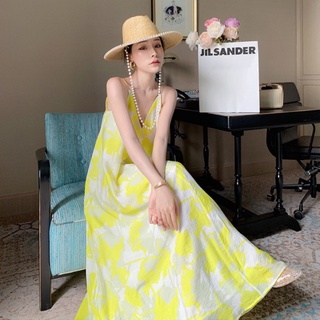 VÁY ĐẦM MAXI 2 DÂY HOA VÀNG TƯƠI MÁT