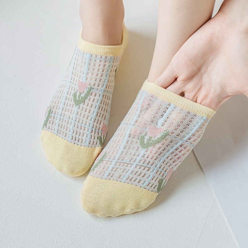 Summer Cool Mesh Invisible Socks Women Cute Flowers Pattern Non-Slip Cotton Low Cut Socks Elastic Breathable Funny Female Boat Socks