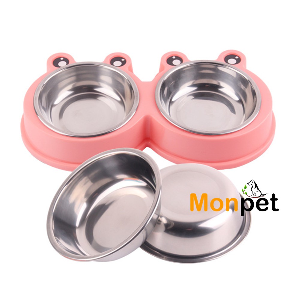 [Mã PET50 giảm 10% - tối đa 50K đơn 250K] Bát, khay ăn inox 2 ngăn hình ếch cho chó mèo thú cưng