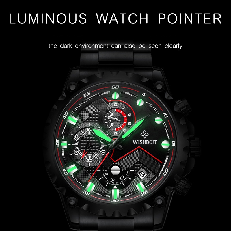 Đồng hồ thể thao WISHDOIT chống thấm nước bằng thép không gỉ Chronograph thời trang cho nam giới có hộp quà tặng màu bạc/đenWSD-017