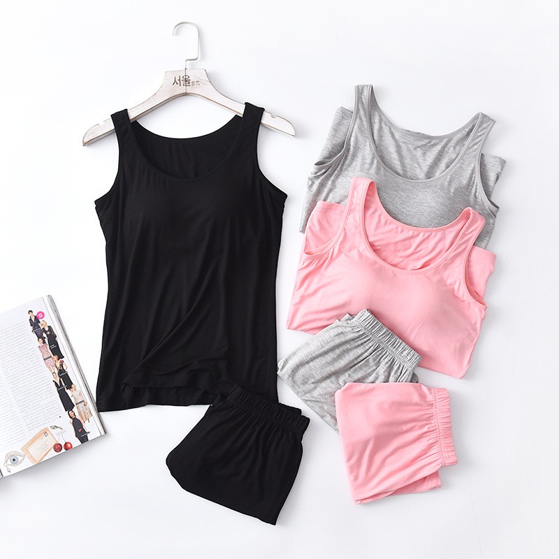 Bộ đồ mặc nhà quần đùi áo ba lỗ chất cotton siêu mềm có mút ngực cực kỳ tiện lợi