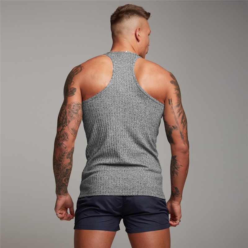 Men's Solid O Neck Sleeveless T Shirt Fitness Slim Fit Sports Strips Tank Top Male Fashion Singlets Summer Knitted Gym Clothing
