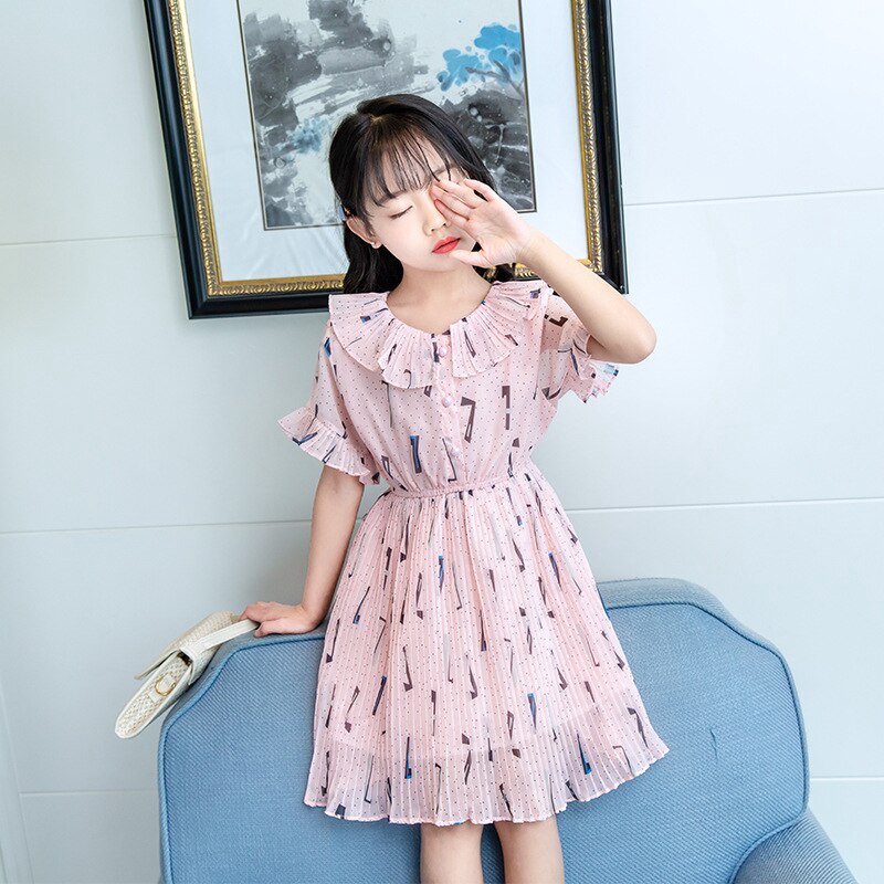 3-12 Years Girls Dress Children Summer Fashion Chiffon Floral Print Dress