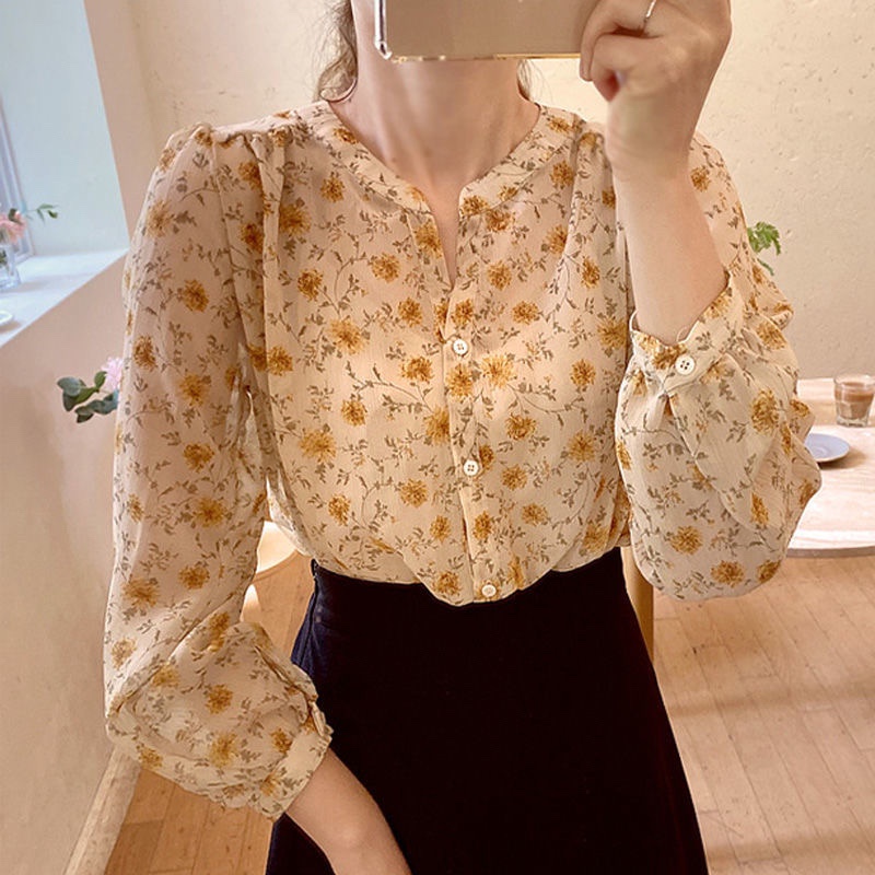 Áo sơ mi chiffon tay dài cổ chữ V in họa tiết hoa thời trang mùa xuân cho nữ