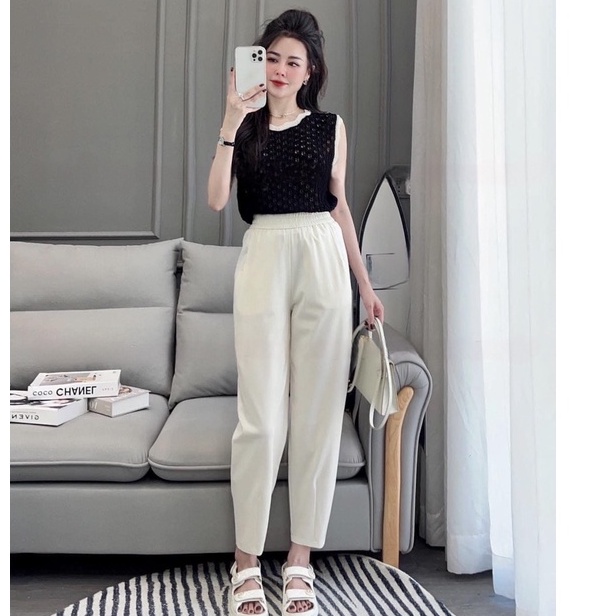 Quần baggy cạp chun, quần nữ công sở chất ruby 2 màu đen trắng