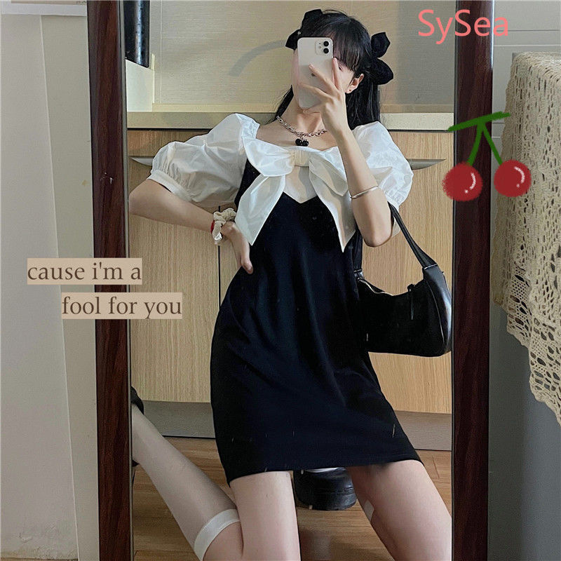 Đầm Ngắn Tay Cổ Vuông Phối Nơ Xinh Xắn Phong Cách Retro Dành Cho Nữ