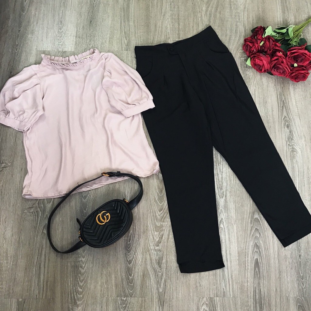 Set áo lụa bèo hồng nhẹ quần tây baggy.