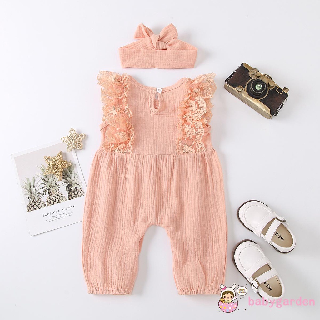 Bộ áo liền quần cổ tròn sát nách ren hoa kèm băng đô cho bé gái