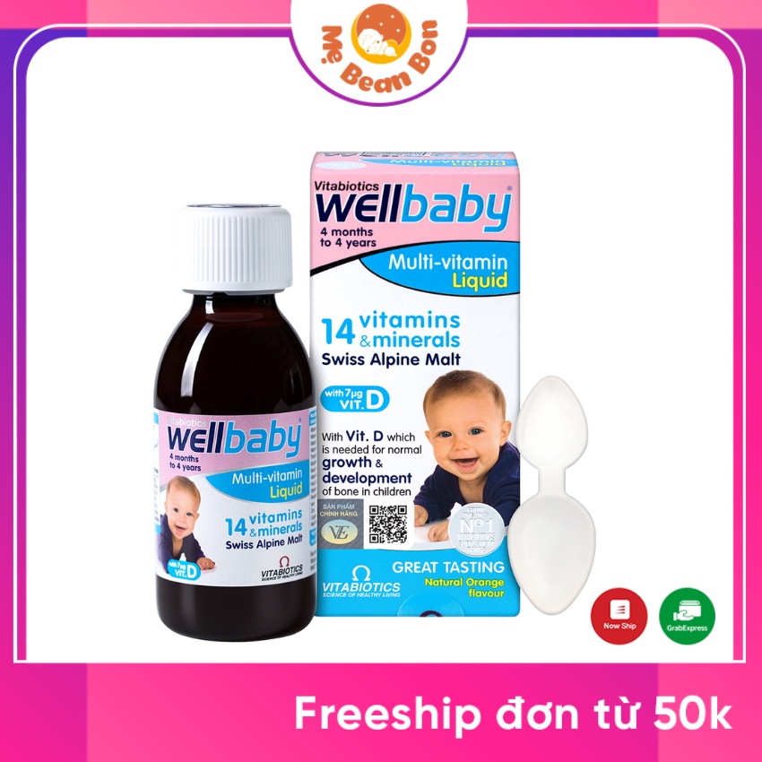 Vitamin WELLBABY INFANT LIQUID 150ml của Anh Quốc cho bé từ 6 tháng đến 4 tuổi hay biếng ăn hấp thụ kém chứa vitamin C