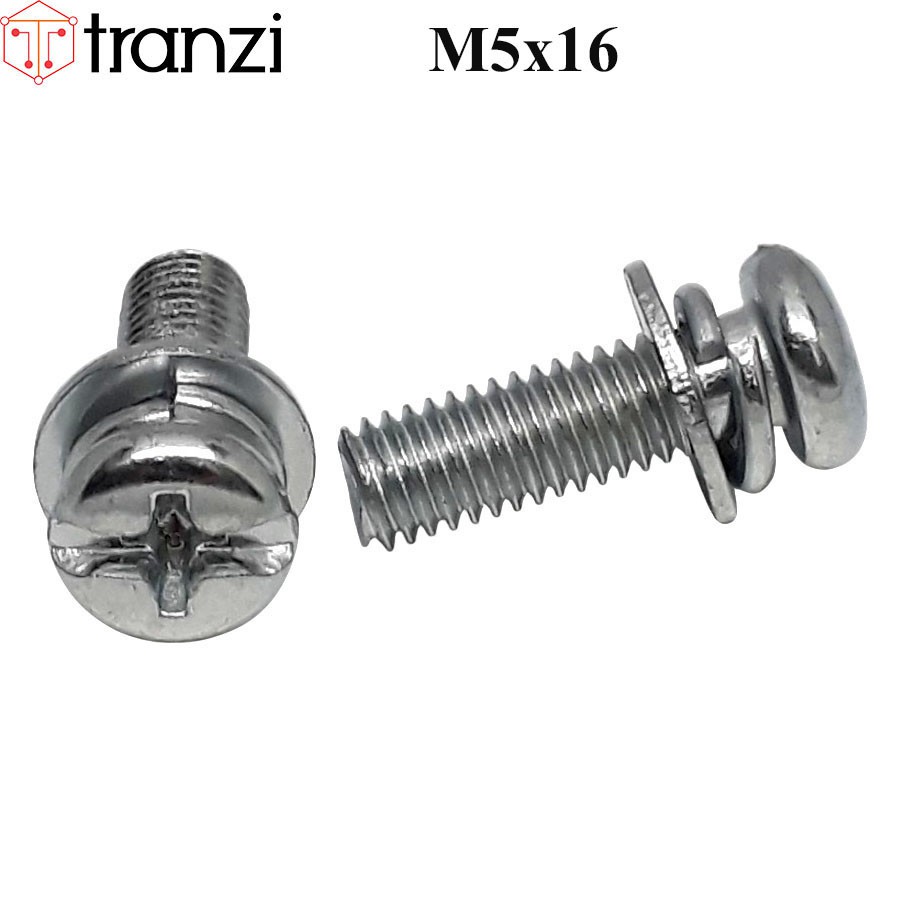 Vít bake kèm long đen phẳng vênh đầu cầu mạ kẽm trắng M5x16 - túi 50 cái