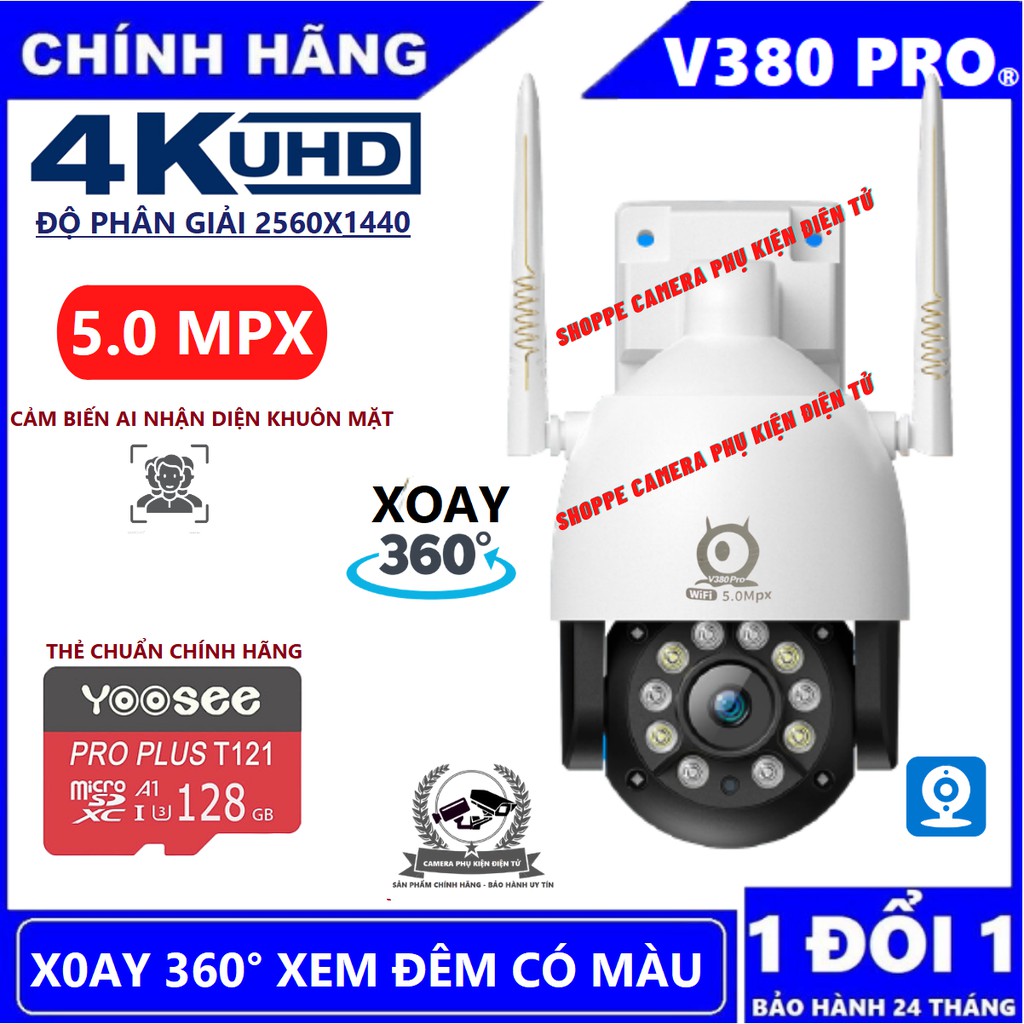 Camera Ngoài trời 5.0 Mpx Xoay 360° 2560×1440 Xem Đêm Có Màu - Thẻ nhớ 128G Chính Hãng