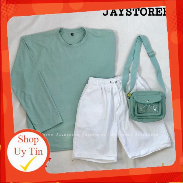 Set Áo thun trơn tay dài Xanh Mint và Quần short kaki trắng ❤️/Nam nữ unisex/FREESHIP 99K❤️