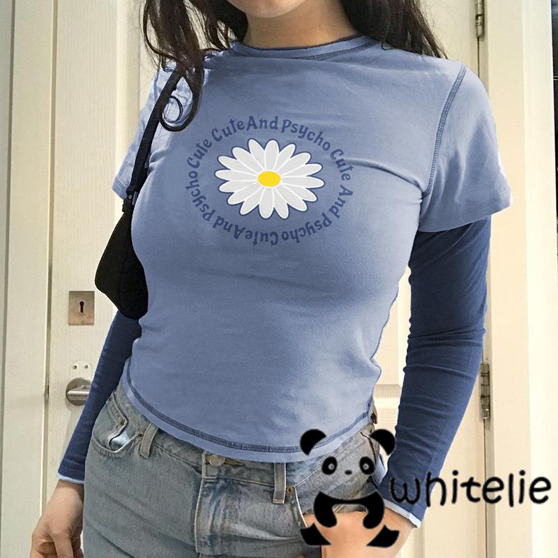 We-Women Casual Long Sleeve T-shirt, Blue Round Collar Letters and Floral Printed Pattern Tops