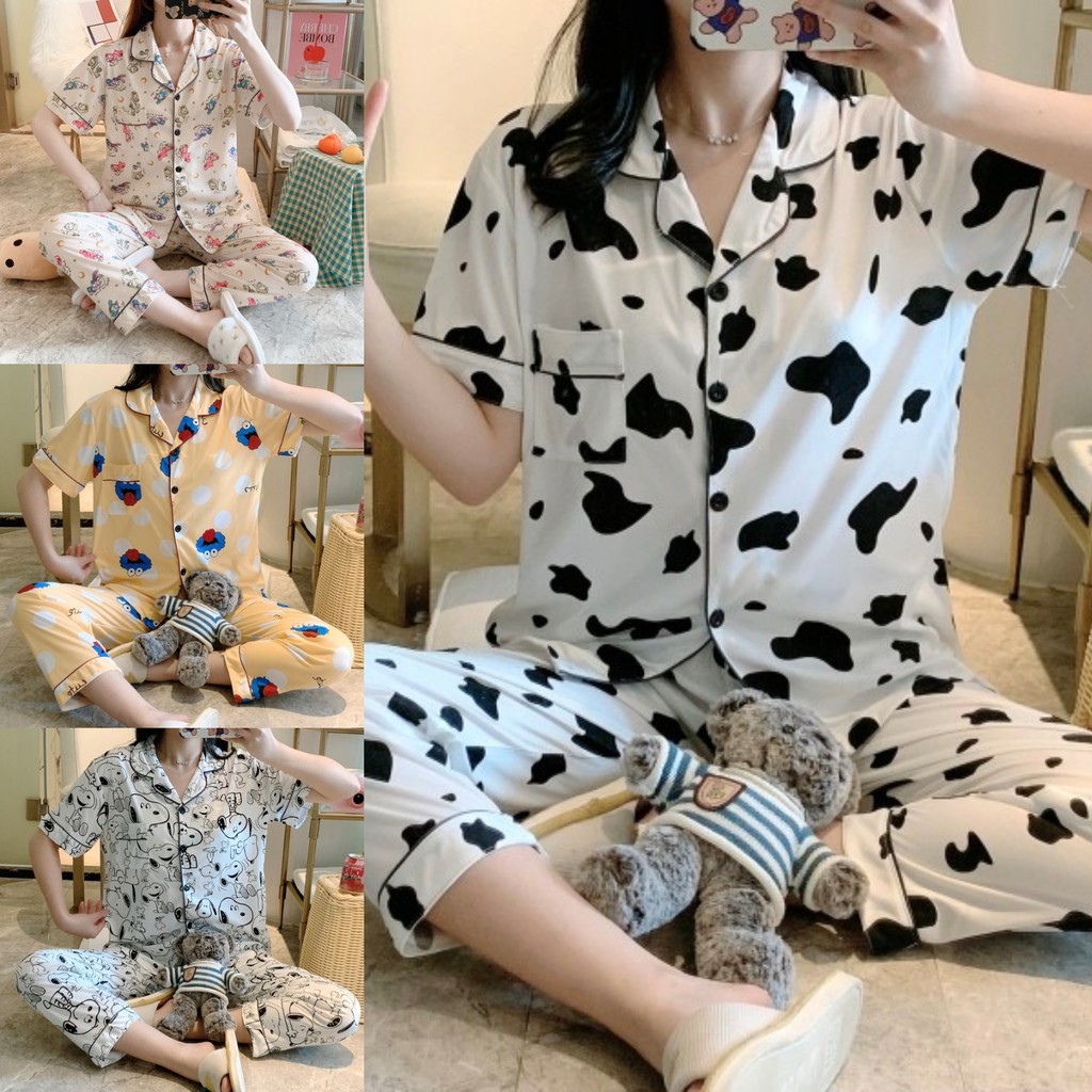 Bộ Đồ Ngủ Gồm 2 Món Bằng Cotton Tay Ngắn In Hoạt Hình Snoopy Cho Nữ