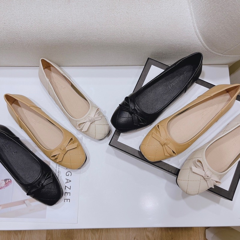 BEESHOES - GIÀY BÚP BÊ NƠ DA MỀM ĐẾ BỆT ĐI ÊM CHÂN- GIÀY BÚP BÊ NỮ THỜI TRANG SẴN MÀU ĐEN KEM NÂU 210907