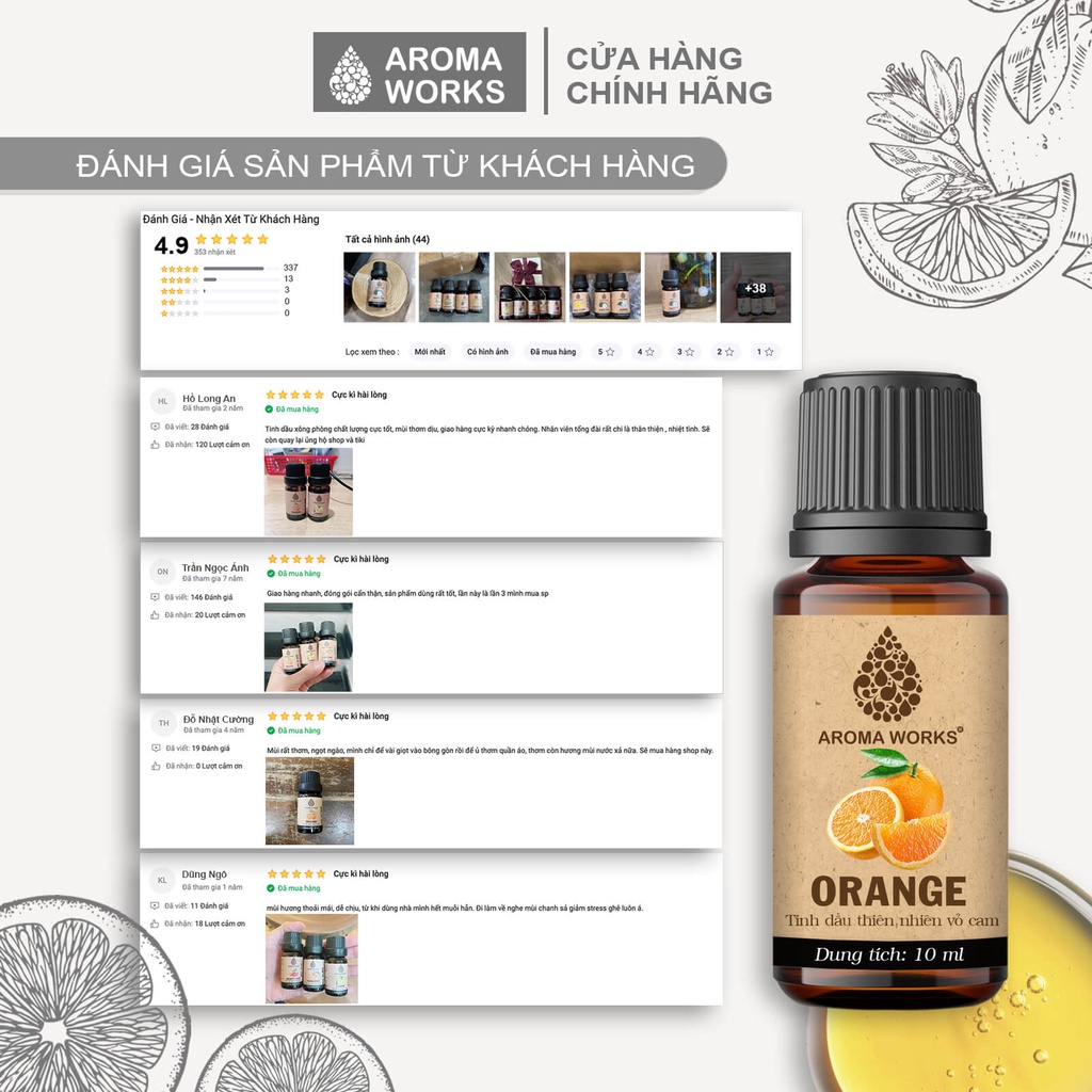 Tinh Dầu Cam Ngọt Thiên Nhiên Thơm Phòng, Đuổi Muỗi, Giải Cảm Aroma Works Orange