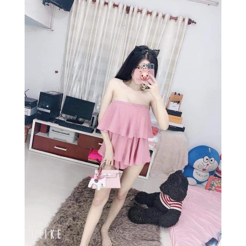 🌷[NishiShoppu2019] 16S19B1 Jumsuit ngắn ống rộng bèo ngực, vải kate mịn đẹp