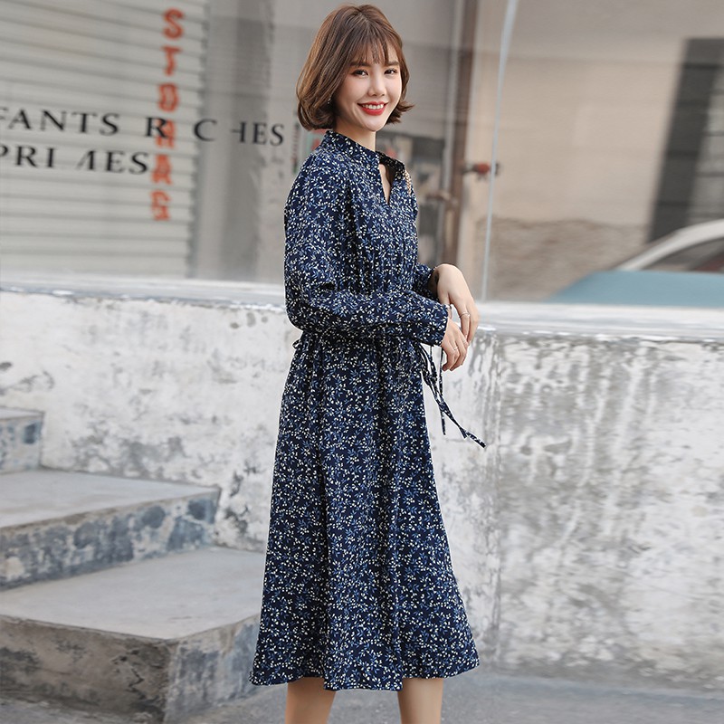 Korean Vintage Long Sleeve Casual Dresses Women Spring Summer Print V Neck Midi Dress Blue | BigBuy360 - bigbuy360.vn