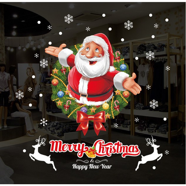 Decal trang trí tường Noel -hươu tuyết Ông già Noel hoạt hình Vui Vẻ