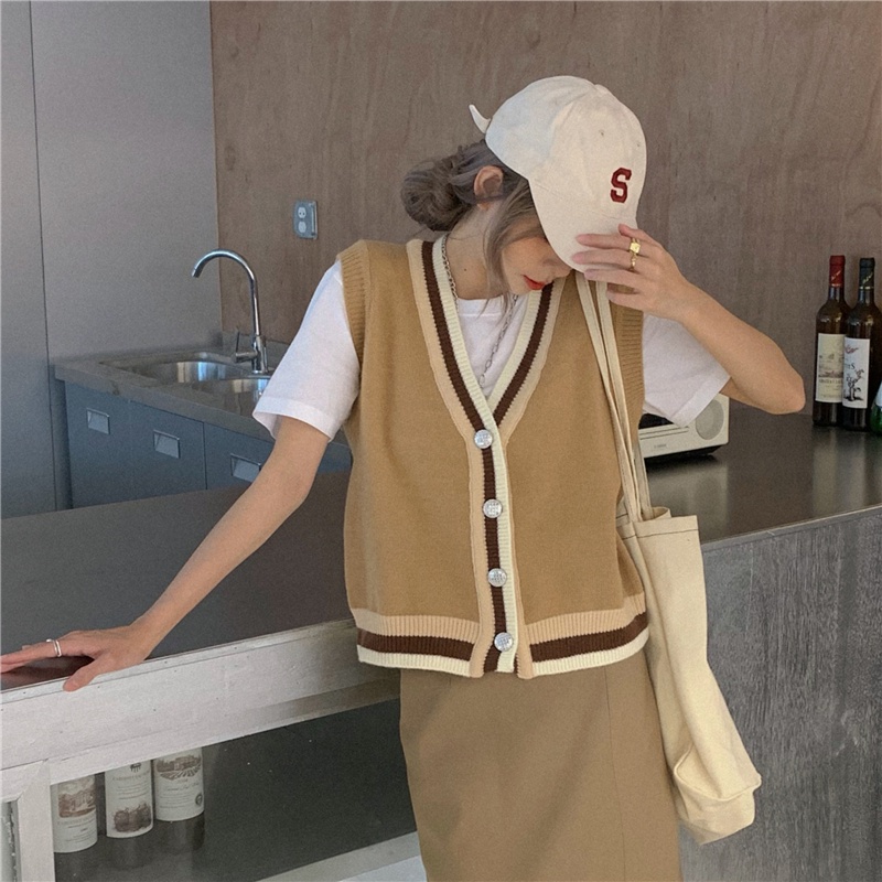 Áo khoác cardigan dệt kim không tay màu sắc tương phản thời trang mùa thu phong cách cho nữ