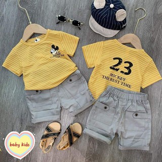 Set Áo Kẻ Vàng Micky Chất Cotton Đũi Phối Quần Túi Vải Thô Mềm Unchi Store (V415)