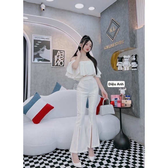 Set áo tơ bèo trễ vai + quần loe