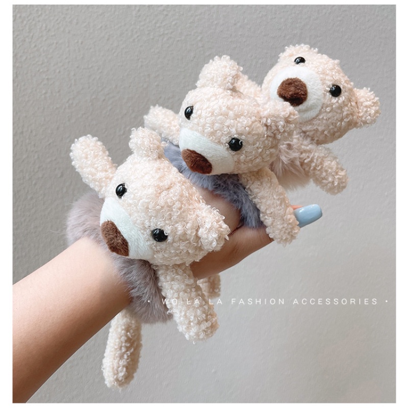 Dây Cột Tóc Bằng Vải Lông Phối Da Hình Gấu Đáng Yêu Độc Đáo Cho Bé Gái