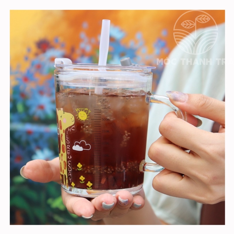 [TẶNG QUÀ Q3] LY THUỶ TINH có vạch chia - dung tích 350ml, Ly thuỷ tinh có nắp đậy - phù hợp với tất cả các thứ uống