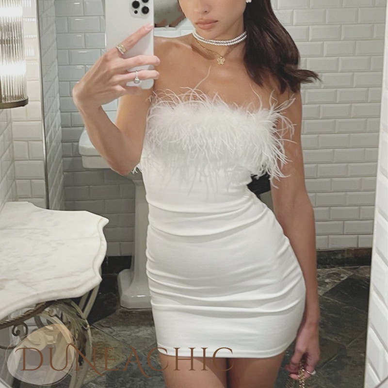 DUNEA Đầm không tay phối lông phong cách quyến rũ cho nữ