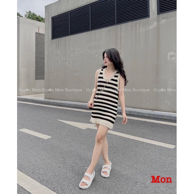 Áo ba lỗ/ cộc tay/ váy len mongtoghi be kẻ ziczac (ảnh thật)