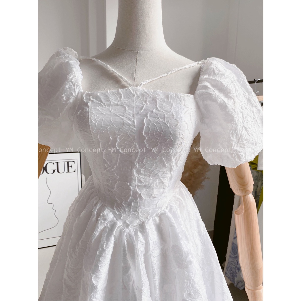 Đầm Xòe Tay Phồng Thiết Kế Cổ Vuông Hở Lưng Sexy Quyến Rũ Màu Trắng  | ROSE CLOTHING D0563
