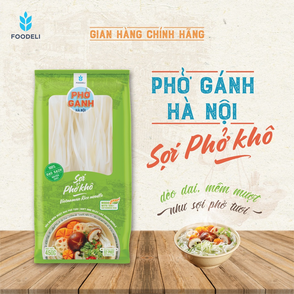 Phở Gánh Hà Nội Sợi Phở Khô 100% từ gạo nguyên chất, không chất bảo quản (Gói 450gr)