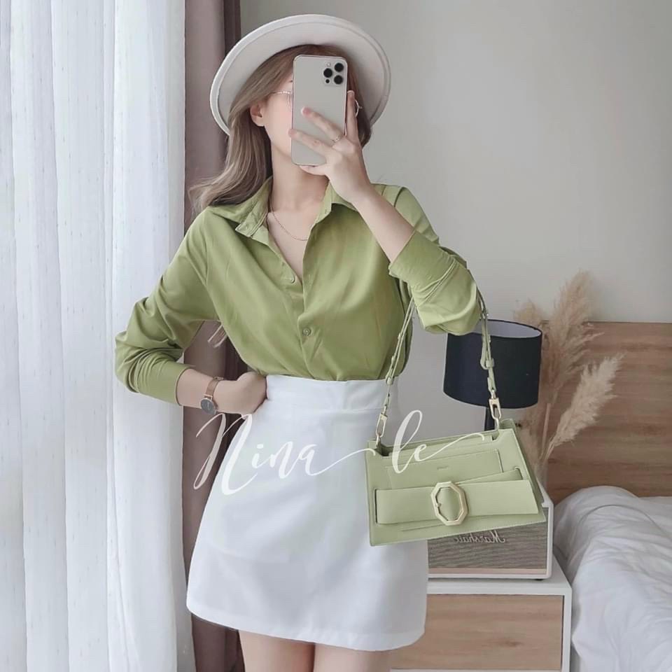 Set Bộ Nữ Áo Sơ Mì Xanh Phối Chân Váy Cotton, Set Quần Áo Nữ Đi Chơi, Dạo Phố Sang Chảnh Thời Trang Nữ Xm Minh Phúc