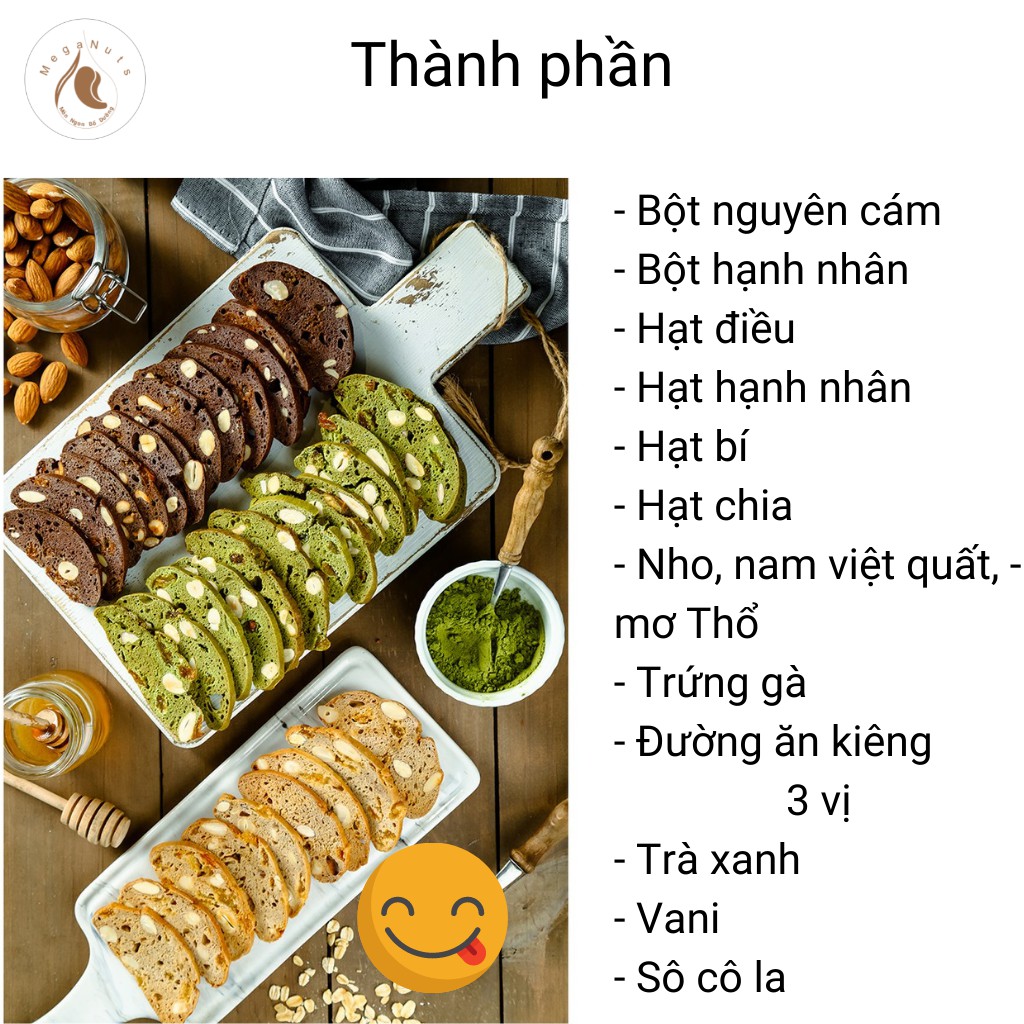 Bánh Biscotti Ăn kiêng nguyên cám - Bánh biscotti vị vani, socola, trà xanh