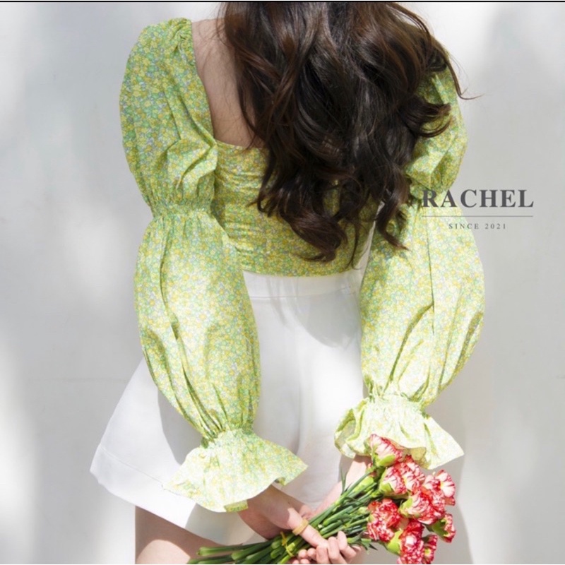 SET ÁO HOA XANH TAY KHÚC + QUẦN SHORT TRẮNG