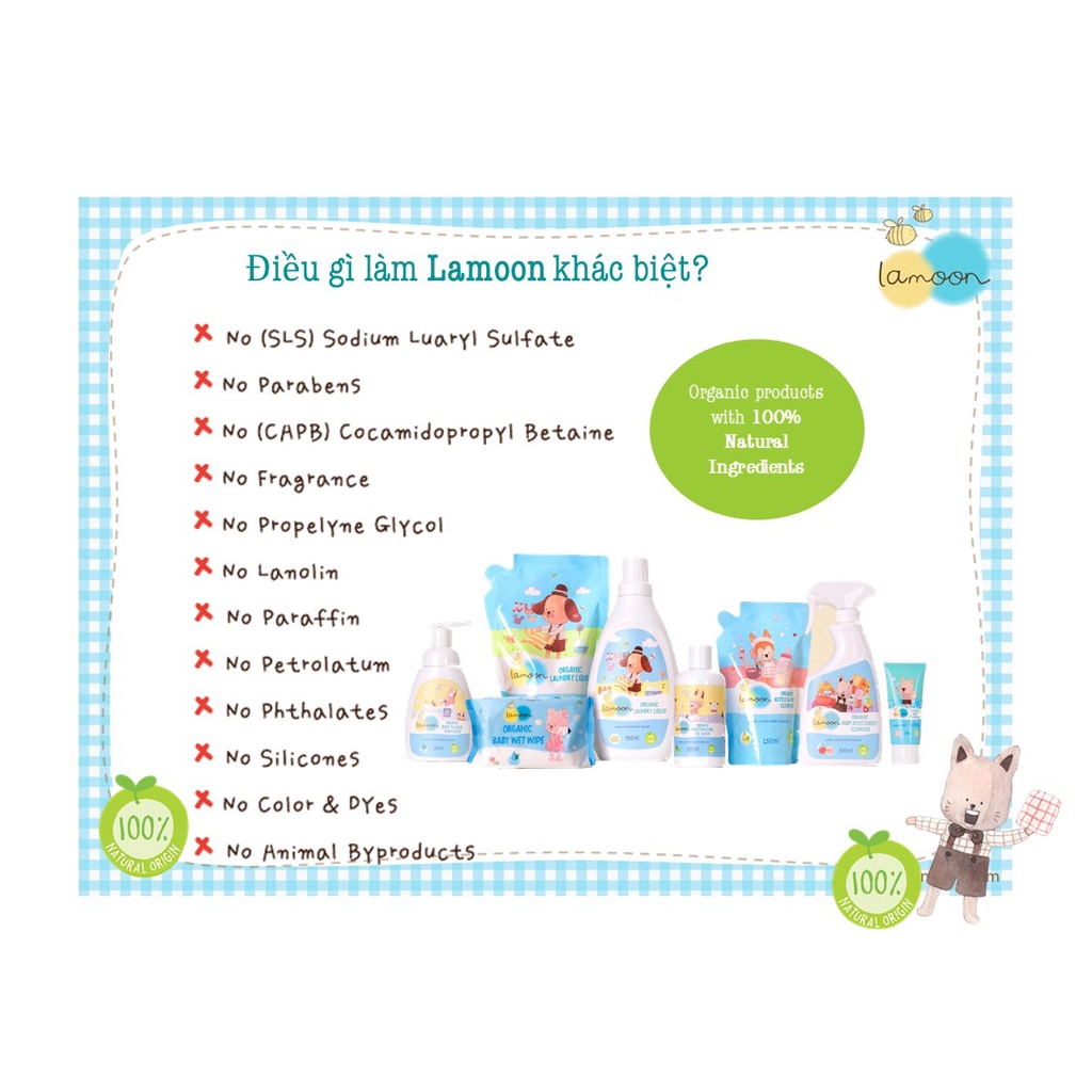 Nước rửa rau củ quả Organic cho bé Lamoon - Túi Refill 400ml