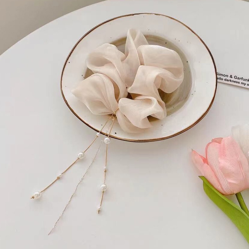 Dây buộc tóc đuôi ngựa đính ngọc trai và dây tua phong cách Hàn Quốc thanh lịch cho nữ