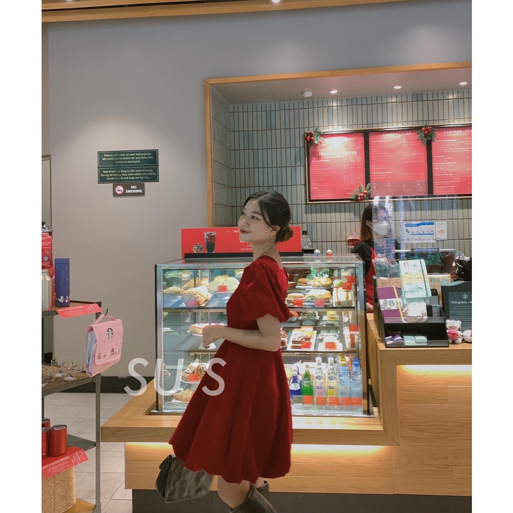 Đầm nữ - Váy nhung đỏ 2 lớp cổ vuông tay bồng siêu cute