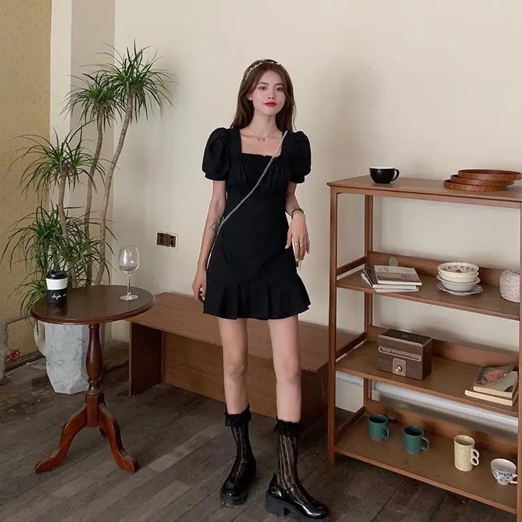 Đầm Chữ A Tay Phồng Cổ Vuông Lưng Cao Thời Trang Mùa Hè Dành Cho Nữ Plus