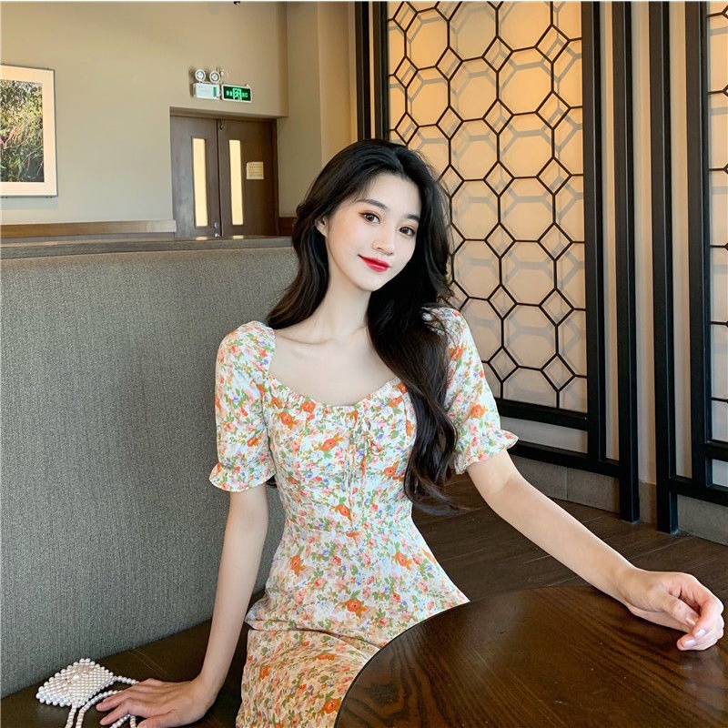 Đầm Perty dáng dài họa tiết hoathiết kế mới phong cách Hàn Quốc thời trang mùa hè cho nữ