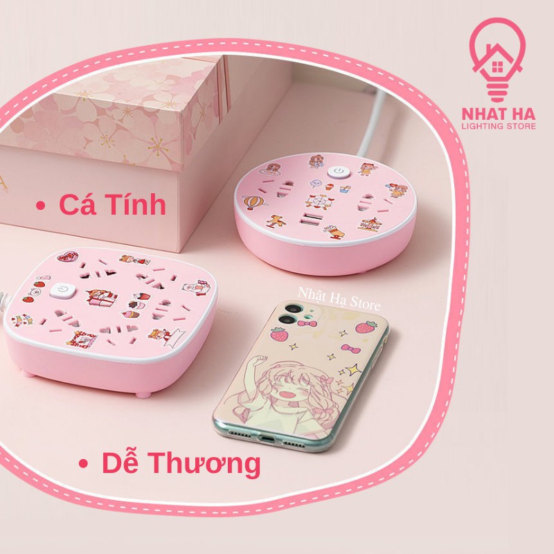 Ổ Cắm Điện Mini Màu Hồng Dễ Thương Nhật Hạ Dây Dài 3m Có 2 Cổng USB OD319 - Mua 1 Tặng 1 Sticker Cute