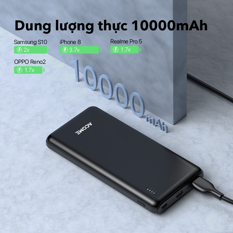 Pin Sạc Dự Phòng ACOME AP108 10000mAh 2 Cổng Sạc Vào Micro Và Type C Sạc Nhanh Chuẩn QC 3.0 Bảo Hành 18 Tháng