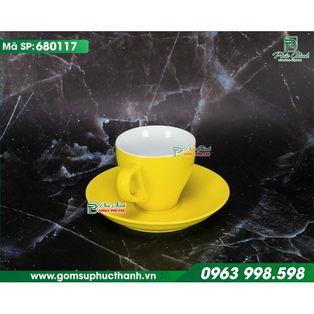 Bộ tách đĩa cafe pha máy Espresso gốm Bát Tràng màu vàng